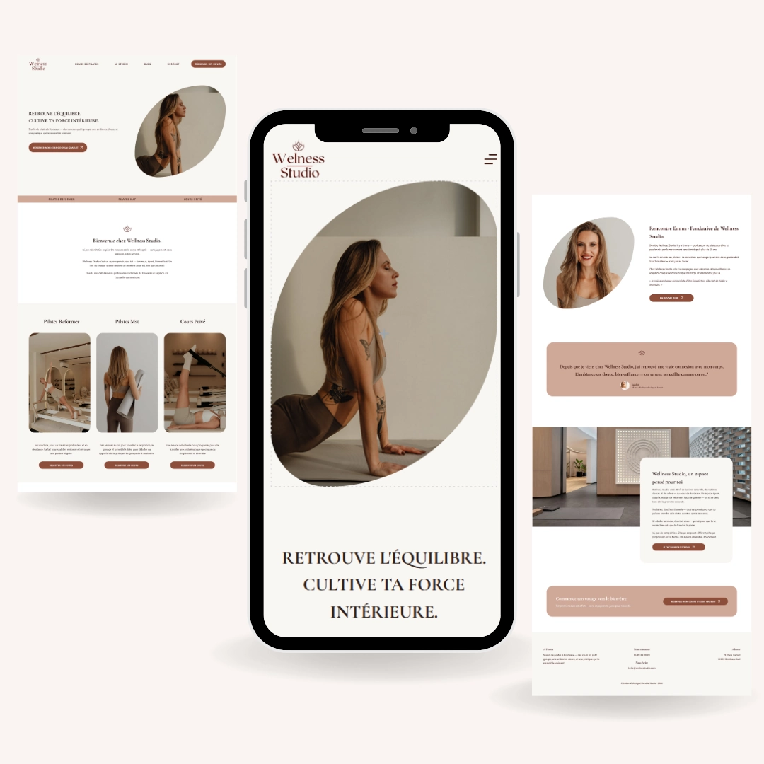 Capture d'écran de la page d'accueil du site web Wellness Studio Pilates réalisé par Dunélia Studio avec un design épuré